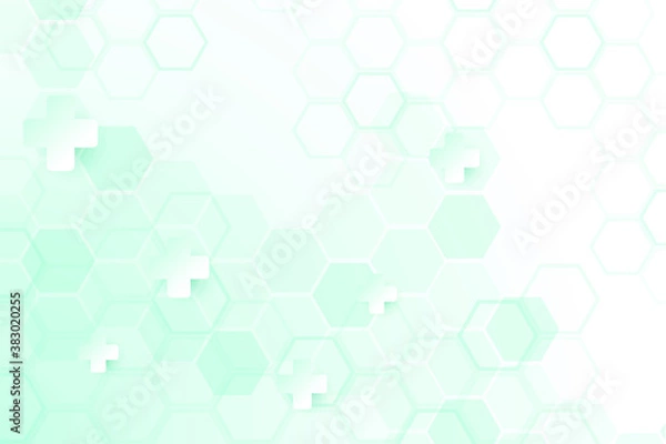 Fototapeta Green color of abstract healthy and medical background. Technology and science wallpaper template with hexagonal shape. Soft blue color medical banner. Modern template with space for text.