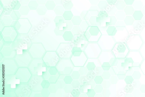 Fototapeta Green color of abstract healthy and medical background. Technology and science wallpaper template with hexagonal shape. Soft blue color medical banner. Modern template with space for text.