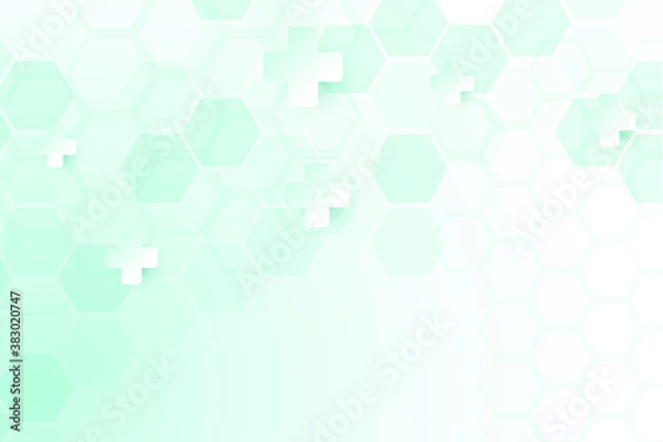 Fototapeta Green color of abstract healthy and medical background. Technology and science wallpaper template with hexagonal shape. Soft blue color medical banner. Modern template with space for text.