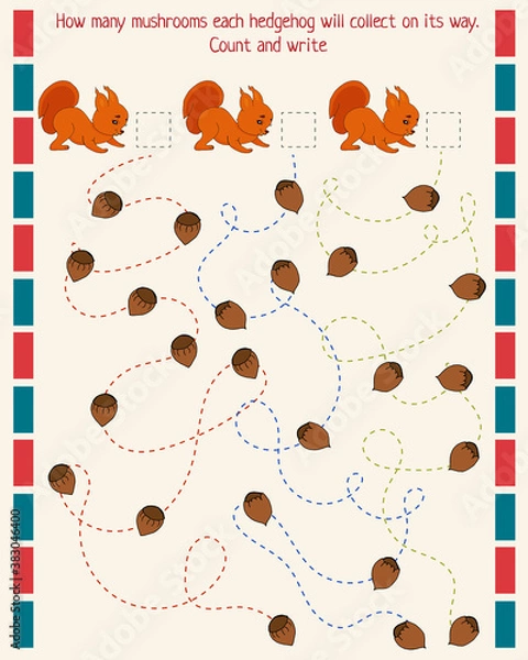 Fototapeta math game for children. Count and write down how many nuts each protein harvested along the way