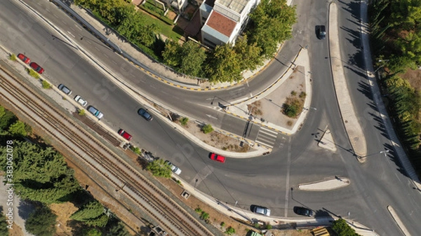 Fototapeta Aerial drone photo of Attiki odos popular multi level highway passing through Marousi area, Athens, Attica, Greece