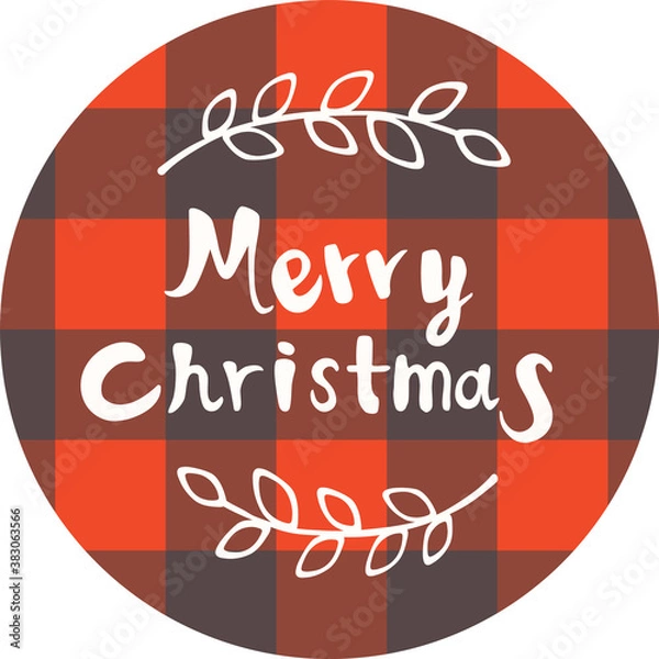 Fototapeta Hand drawn Merry Christmas lettering and leaves illustration on Lumberjack plaid vector. Buffalo check. Great for icons, stickers, labels, tags, ornaments and patches.