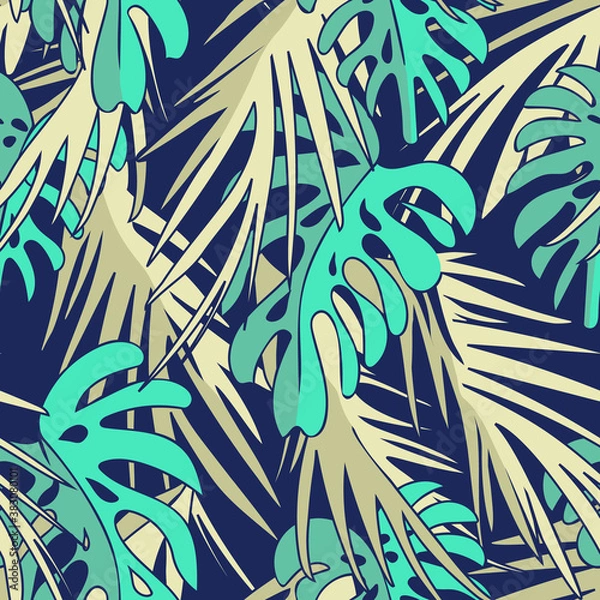 Fototapeta Tropical Leaves Seamless Pattern. Hand Drawn Background. 