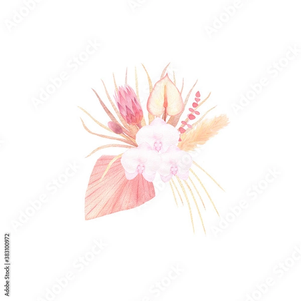 Fototapeta Watercolor bohemian flower bouquet isolated on white background. Boho dried flowers, tropical leaves, pampas grass composition for wedding invitation, greeting cards. 