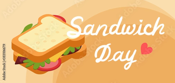 Fototapeta vector poster design for national sandwich day. image of a delicious sandwich with vegetables and cheese. lettering "sandwich day"