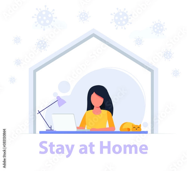 Obraz Girl working at her desk on a computer at home, working at home, studying. Coronavirus.