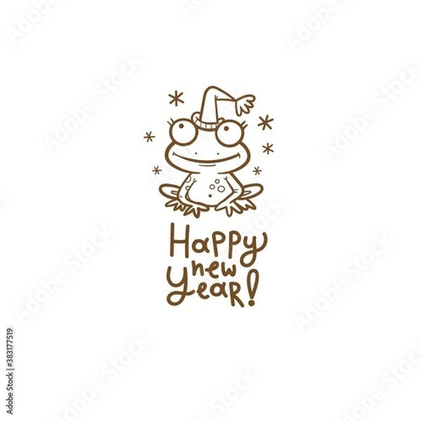 Fototapeta New Year card with  cute cartoon frog in  hat. Funny toad. Joyful animal . Merry Christmas and Happy Holidays. Vector contour image no fill.