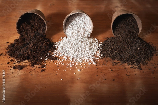 Fototapeta Peat moss, perlite and worm humus as substrates for plants coming out of peat pots on a raw wooden surface with copy space for text.
