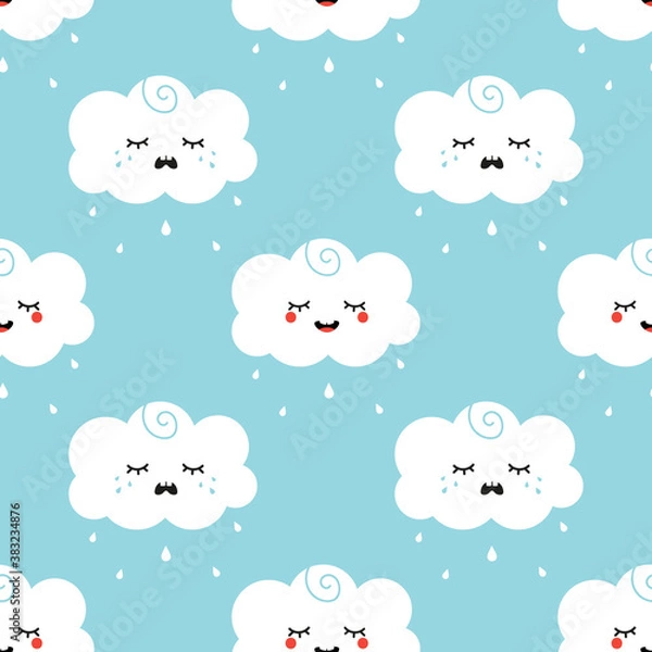 Obraz Two cute cartoon rainy cloud characters, happy and sad, vector seamless pattern background.
