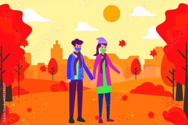 Fototapeta Autumn in new normal vector concept: Young couple standing in the park with autumn season while wearing face mask in new normal