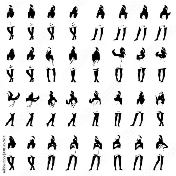Fototapeta Collections of various silhouettes of full length woman wrapped in white towel using phone taking photos, talking and messaging. Easy editable layered vector illustration. 