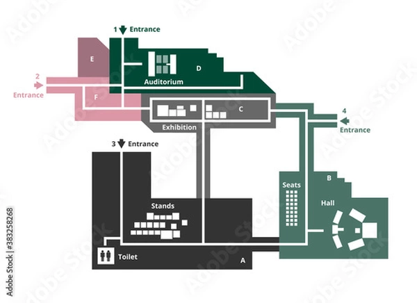 Obraz Vector editable floor plan with fields for logos or titles isolated on a white background. Suitable as a map of campus, office, production hall, festival, shopping mall, workplace, event, and more.