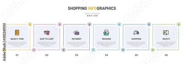 Fototapeta Concept of shopping process with 6 successive steps. Six colorful graphic elements. Timeline design for brochure, presentation, web site. Infographic design layout.