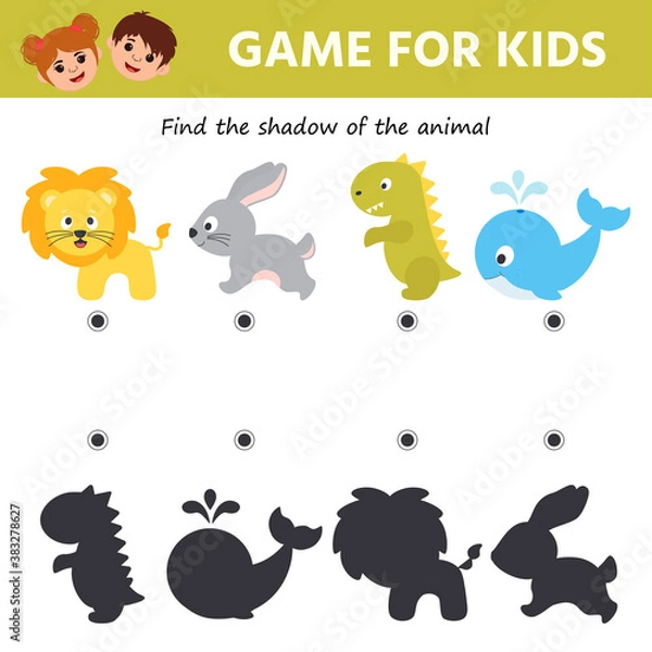 Fototapeta Education game for kids. Find the shadow of the animal. Preschool worksheet activity. Children funny riddle entertainment. Vector illustration