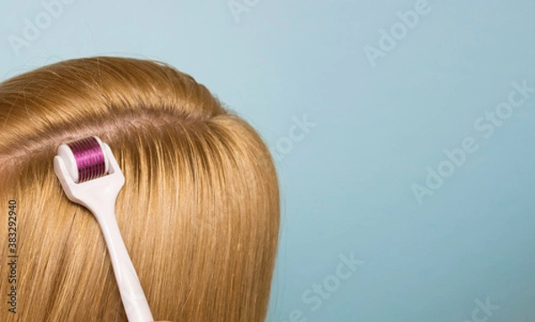 Fototapeta Hand and mesoroller in hand on a blue background. Scalp and skin care, healthy hair.