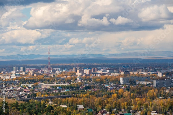 Fototapeta A panoramic view of the city from a bird's eye view. Abakan