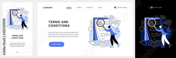 Fototapeta Terms and conditions website UI kit. Legal notice, user terms and conditions, website menu bar, web element, information page, registration process, accept landing and mobile app vector UI template.