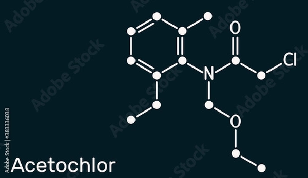 Fototapeta Acetochlor molecule. It is chloroacetanilide, herbicide, a xenobiotic and an environmental contaminant. Skeletal chemical formula on the dark blue background