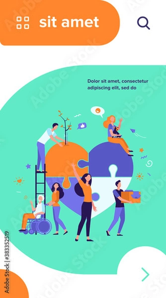 Fototapeta Stylized volunteers help charity and sharing hope isolated flat vector illustration. Cartoon abstract social team or group with humanitarian support. Donation and aid community concept