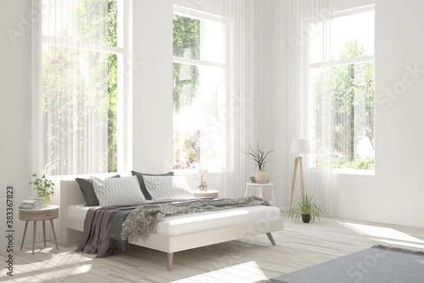 Obraz Stylish bedroom in white color with summer landscape in window. Scandinavian interior design. 3D illustration