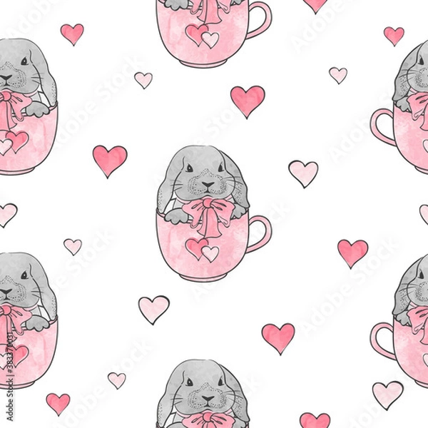 Fototapeta Easter rabbits seamless pattern. Vector background with cute watercolor bunnies in cups