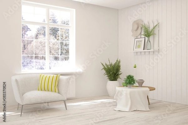 Fototapeta White room with armchair and winter landscape in window. Scandinavian interior design. 3D illustration