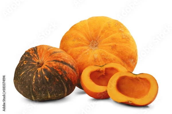 Fototapeta Three colorful pumpkins of different sizes on a white background