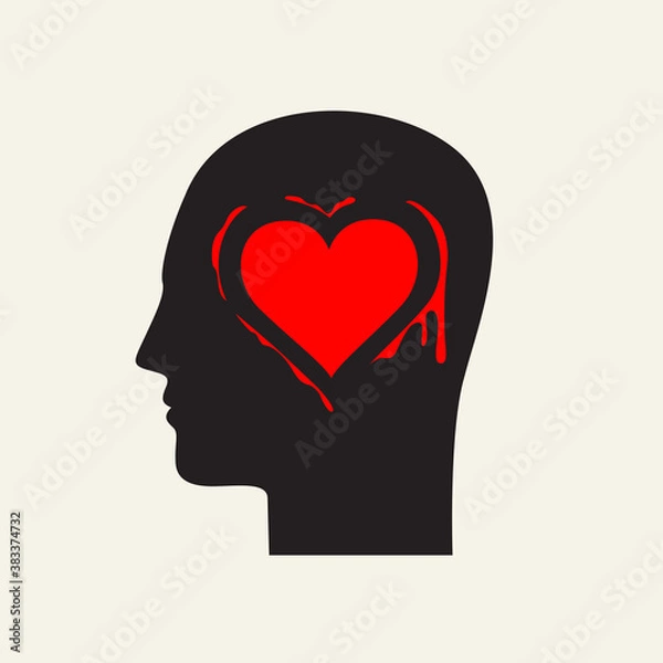 Obraz Black silhouette of a human head in profile with a red heart in the brain area. Decorative vector banner, icon, logo or avatar. The concept of unhappy love