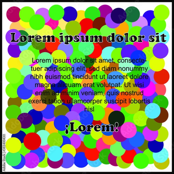 Fototapeta Fondo para crear tarjetas, circulos pequeños de colores, borde color negro, sobre un fondo blanco 
