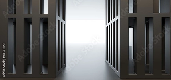 Fototapeta Luxury parametric abstract architectural minimalistic background. Contemporary showroom. Modern black exhibition tunnel. Empty gallery. Stand, table. Interior backlight. 3D illustration and rendering.