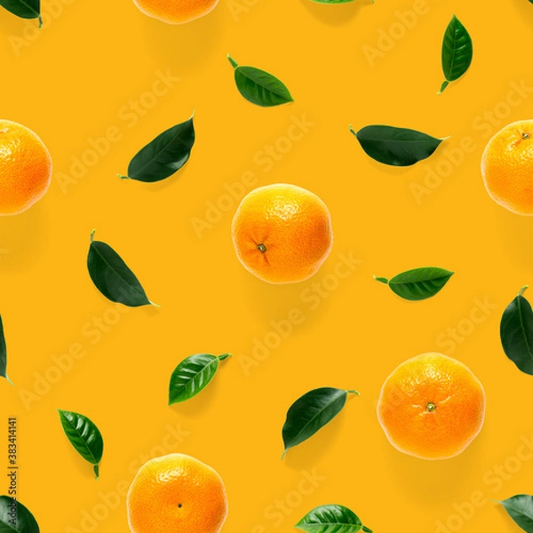 Fototapeta Mandarine seamless pattern, tangerine, clementine isolated on orange background with green leaves. Collection of fine seamless patterns.