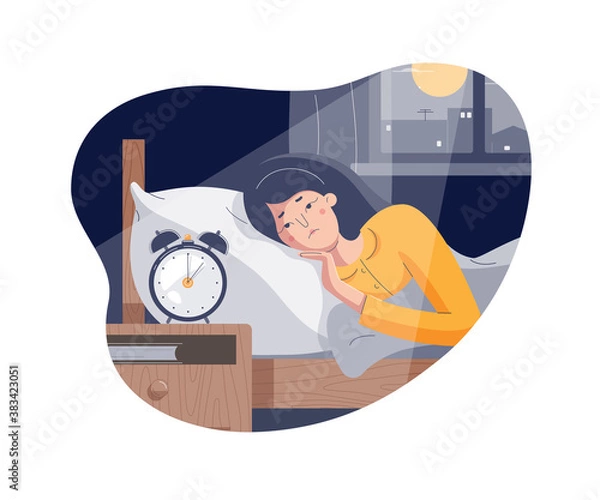 Fototapeta Woman suffers from insomnia. Sleepless girl lying on bed with open eyes. Tired insomniac character trying to fall asleep in night moonlighted bedroom. Closed vector illustration, flat cartoon style