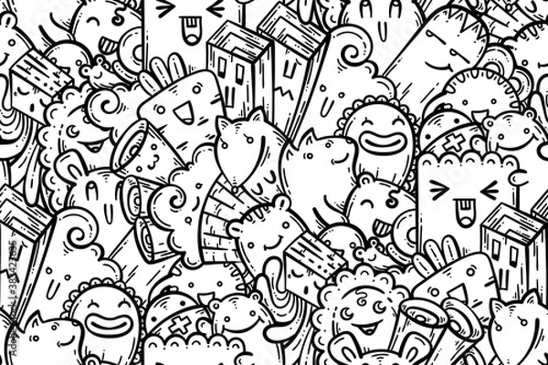 Fototapeta Kawaii doodle smiling monsters seamless pattern for child prints, designs and coloring books