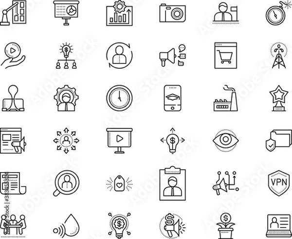 Obraz business vector icon set such as: photography, permanent recruitment, press, crane, entrepreneurship, medal, manage, lamp, basket, sale, game, flag, photograph, paperclip, production, wall, check