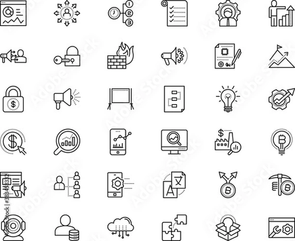 Obraz business vector icon set such as: laptop, video, check mark, show, aim, developer, cloud, block, split, outside, lock, contract, online business, gray, examination, designation, coach, keyhole, do
