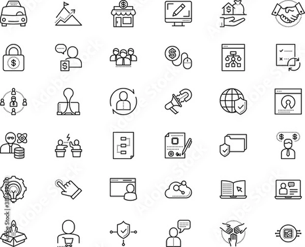 Fototapeta business vector icon set such as: shopper, display, thin, price, coach, mission, storage, race, pull, conflict, holding, geek, vpn, performance, staff, building, screencast, player, light, firewall