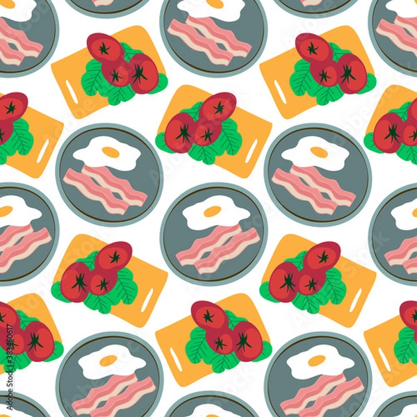 Fototapeta Seamless vector colorful pattern healthy breakfast with eggs, bacon and tomatoes