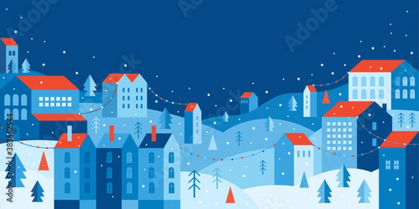 Fototapeta Urban landscape in a geometric minimal flat style. New year and Christmas winter city among snowdrifts, falling snow, trees and festive garlands. Abstract horizontal banner with space for the text