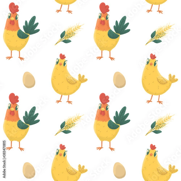 Fototapeta Rooster and chicken seamless pattern