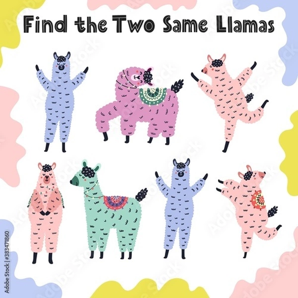 Fototapeta Find the two same llamas. Educational activity game for toddlers