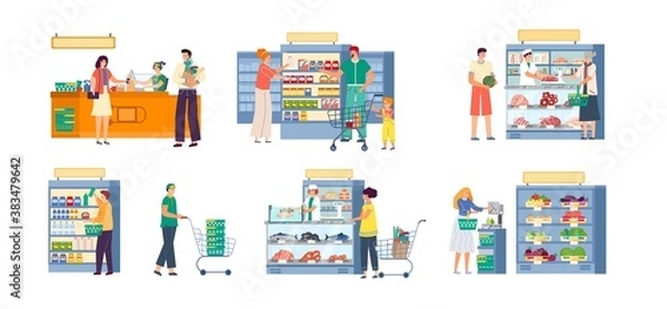 Obraz People in supermarket grocery store vector illustration set. Cartoon flat happy man woman or family shopper characters with trolley cart and basket shopping in hypermarket, buy food isolated on white