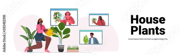 Fototapeta woman watering houseplants african american housewife discussing with friends in web browser windows during video call full length copy space vector illustration