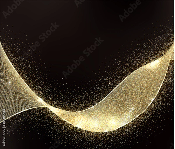 Obraz Abstract Gold Waves Design. Shiny golden moving lines design element with glitter effect on dark background for Business or Gretting card. Vector Illustration