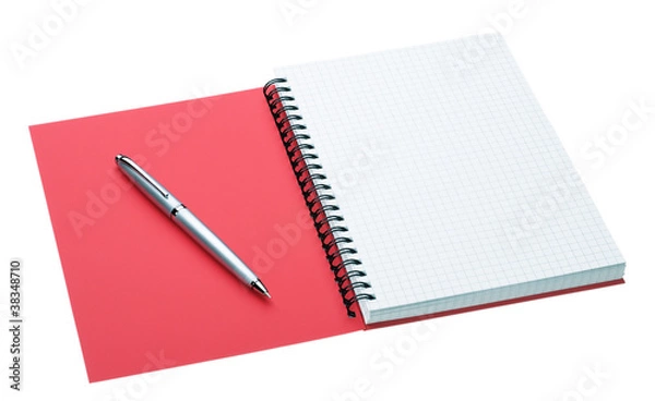 Obraz Silver pen and notebook with red cover isolated on white