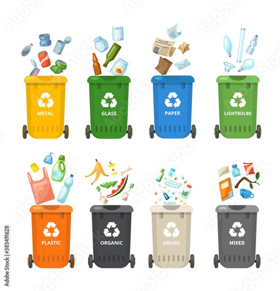 Fototapeta Trash in garbage cans with sorted garbage for organic, paper, plastic, glass, metal, drugs, light bulbs. Separation of garbage into different containers. Recycling sorting, waste collection