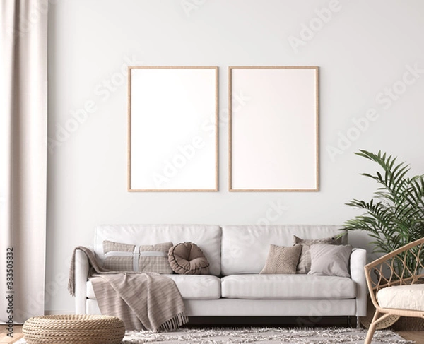 Fototapeta Frame mockup in living room design, two wooden frames in Scandinavian interior 