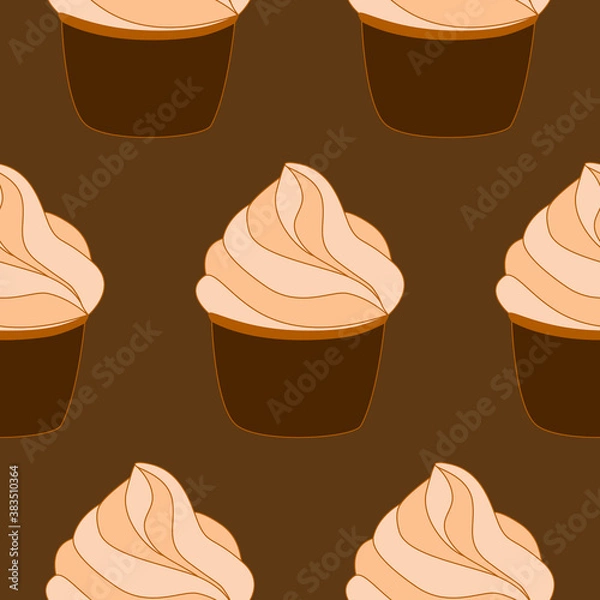 Fototapeta Seamless pattern with cupcakes. Vector hand drawn Illustration. Dessert isolated on brown background. Can be used as packaging, wrapping paper, wallpaper