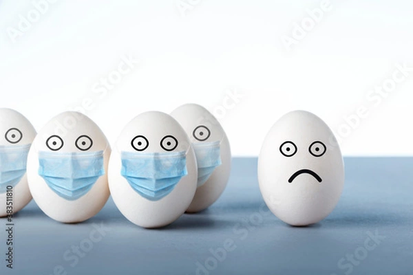 Obraz Some eggs with medical mask and egg without mask, virus infections prevention and protection concept.