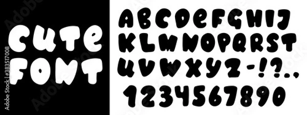 Fototapeta Cute round vector typeface with English alphabet letters, numbers and punctuation. Funny sans serif type. English lettering sign on white background. Round handdrawn kids font. Letter for cutting