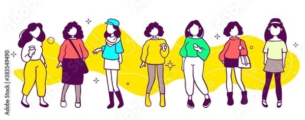 Obraz Vector illustration of group of people. Many girl with black hair and different accessory on yellow background.
